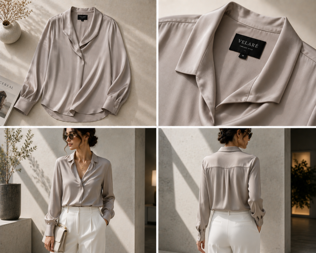 VELARÉ ivory silk-blend relaxed shirt — flat lay, luxury menswear