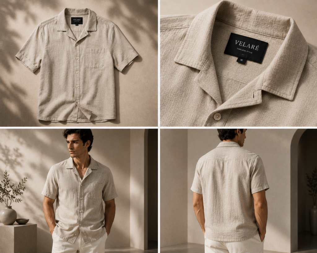 VELARÉ onyx waffle-knit camp shirt — flat lay, luxury menswear