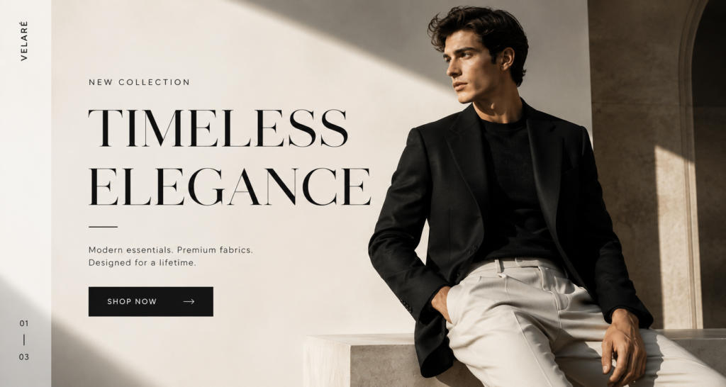 VELARÉ timeless elegance — model wearing luxury black tailored fashion