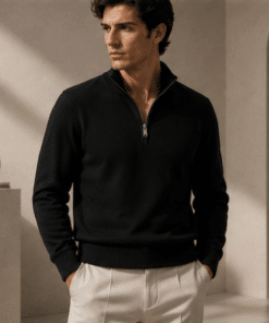 VELARÉ VELARÉ Black Merino Quarter-Zip — styled front view, luxury menswear