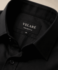 VELARÉ VELARÉ Black Overshirt — collar and brand label detail, luxury menswear