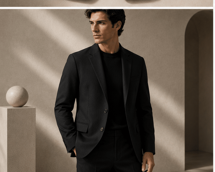 VELARÉ Black Tailored Blazer — styled front view, luxury menswear