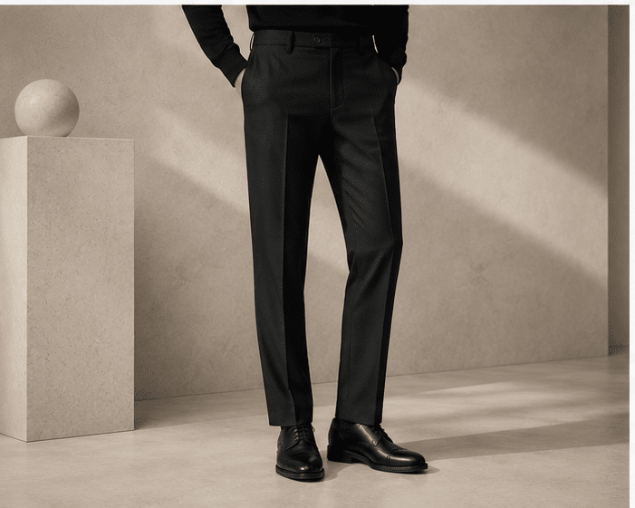 VELARÉ Black Tailored Trousers — styled front view, luxury menswear