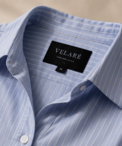 VELARÉ VELARÉ Blue Stripe Poplin Shirt — collar and brand label detail, luxury menswear