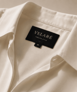 VELARÉ VELARÉ Champagne Silk Shirt — collar and brand label detail, luxury menswear