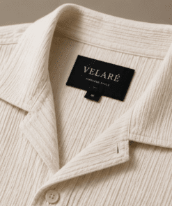 VELARÉ VELARÉ Ivory Waffle-Knit Camp Shirt — collar and brand label detail, luxury menswear