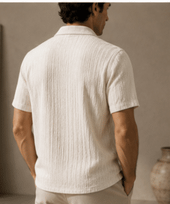 VELARÉ VELARÉ Ivory Waffle-Knit Camp Shirt — styled back view, luxury menswear