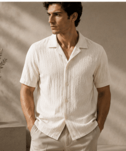 VELARÉ VELARÉ Ivory Waffle-Knit Camp Shirt — styled front view, luxury menswear